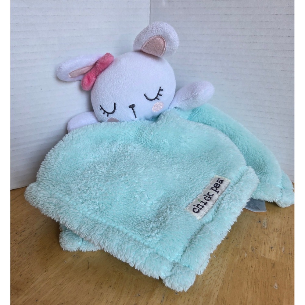Chick Pea Mint Green White Bunny Rabbit Pink Bow Lovey Security Blanket 13 inch
